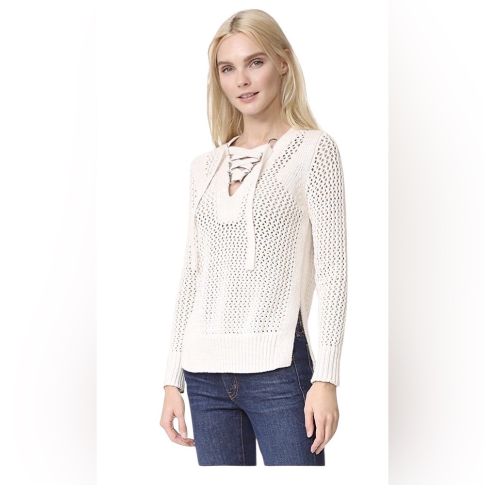 Derek Lam 10 Crosby Lace-Up Open Knit Cotton Sweater Natural Large